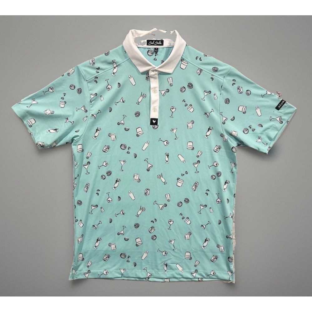 Bad Birdie Polo Shirt Men M Green Cocktail Drink Print Short Sleeve Stretch Golf